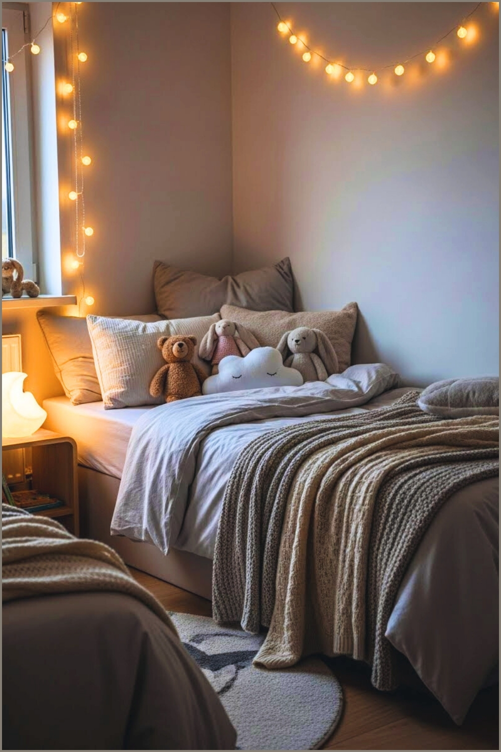 A Cozy Kids Bedroom With Warm Fairy Lights Neutral Bedding