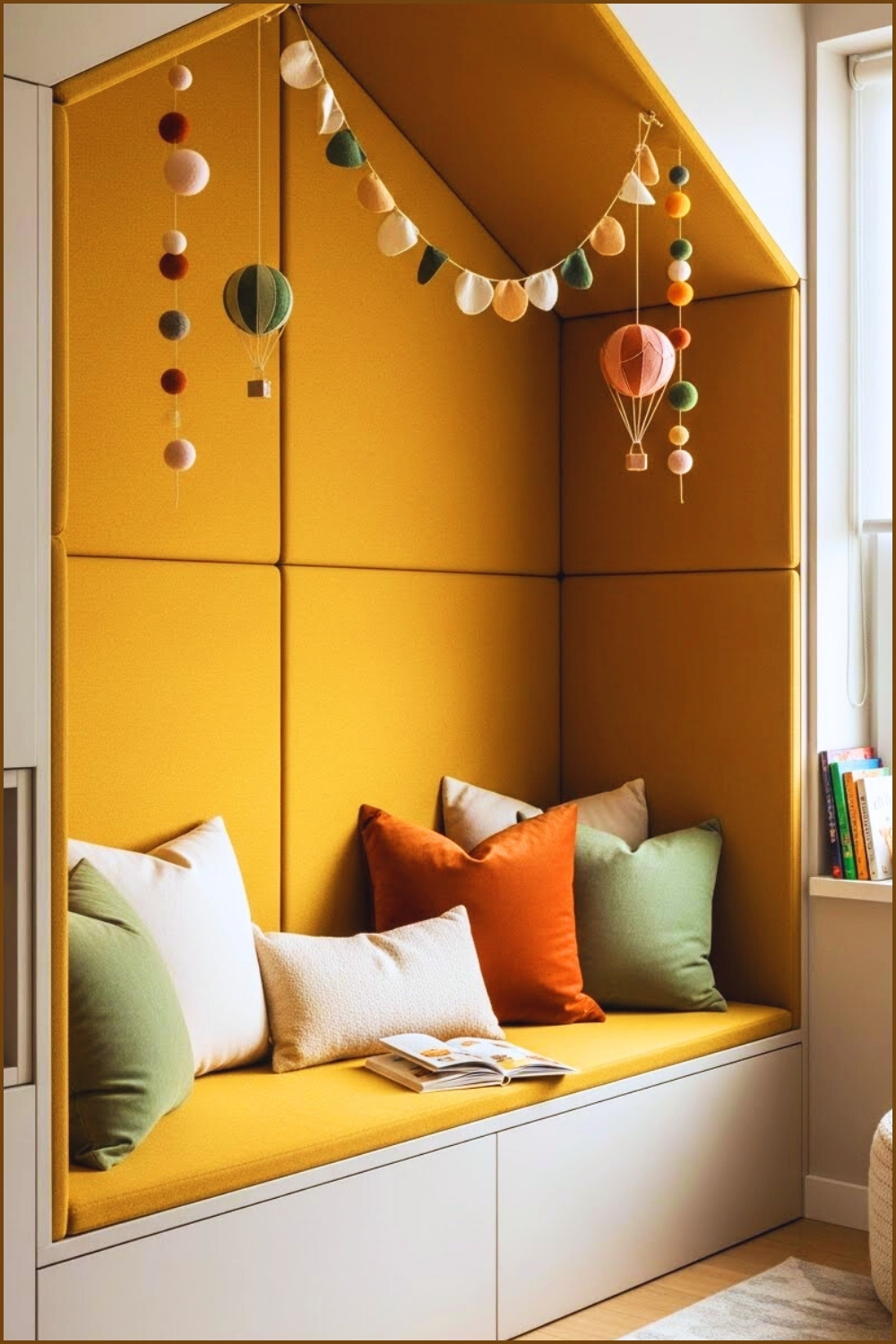 A Cozy Kids Reading Nook With Padded Mustard Yellow Wall Panels