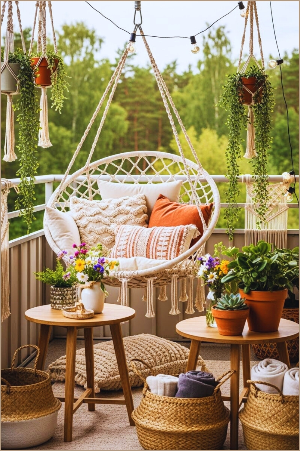 A Cozy Outdoor Balcony With A Macramé Style Hanging