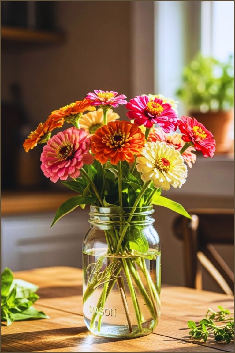 A Cozy Rustic Kitchen Scene Featuring A Fresh Bouquet Of Zinnia
