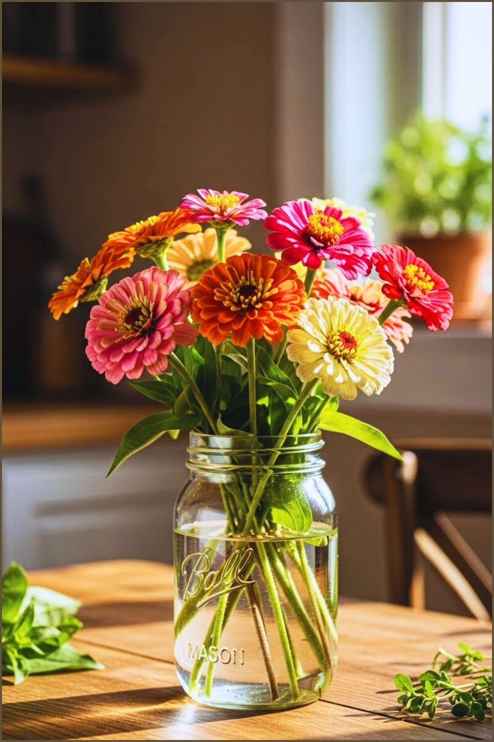 A Cozy Rustic Kitchen Scene Featuring A Fresh Bouquet Of Zinnia