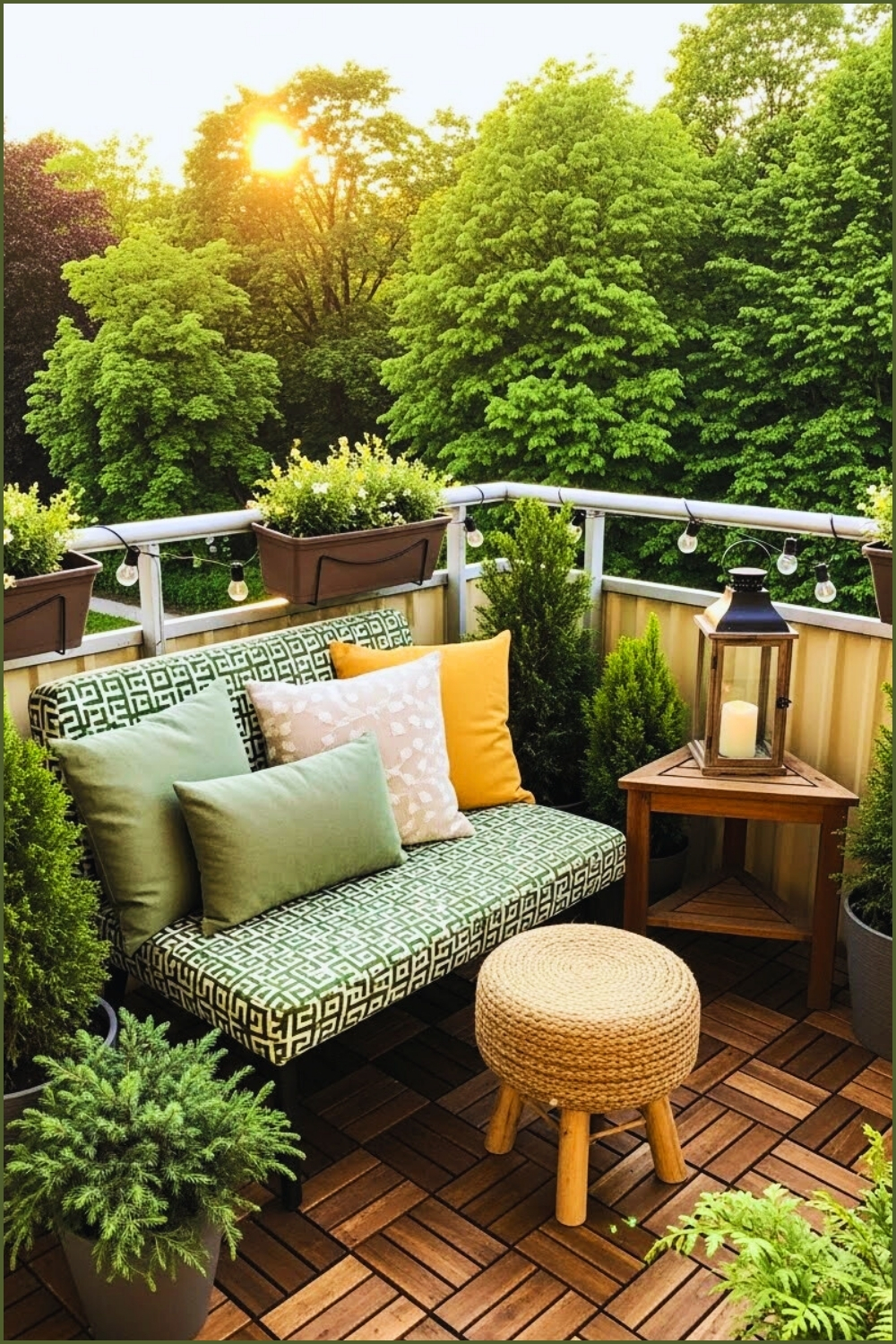 A Cozy Small Balcony Featuring Wooden Deck Tiles