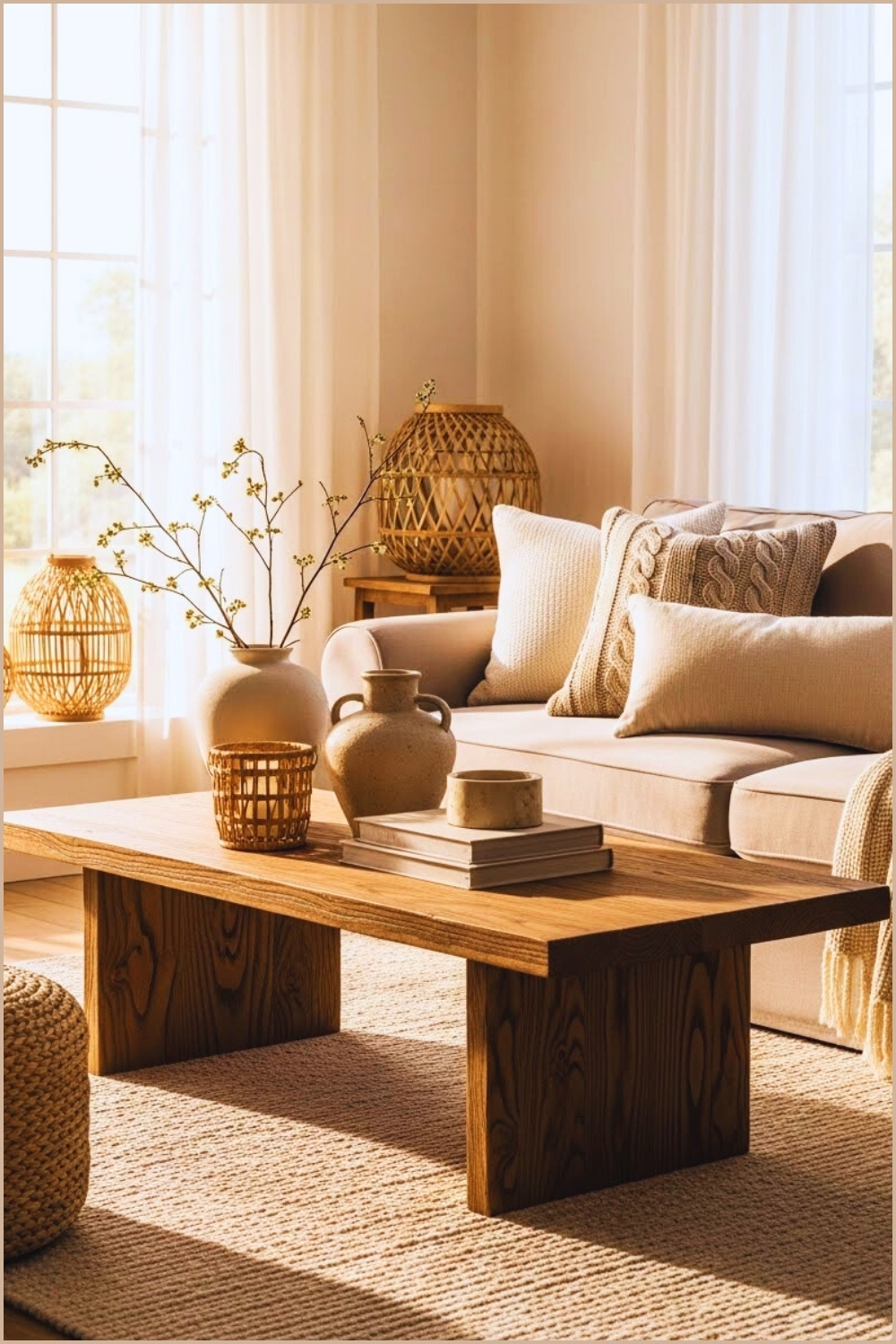 A Cozy Sunlit Cottagecore Living Room Interior Featuring