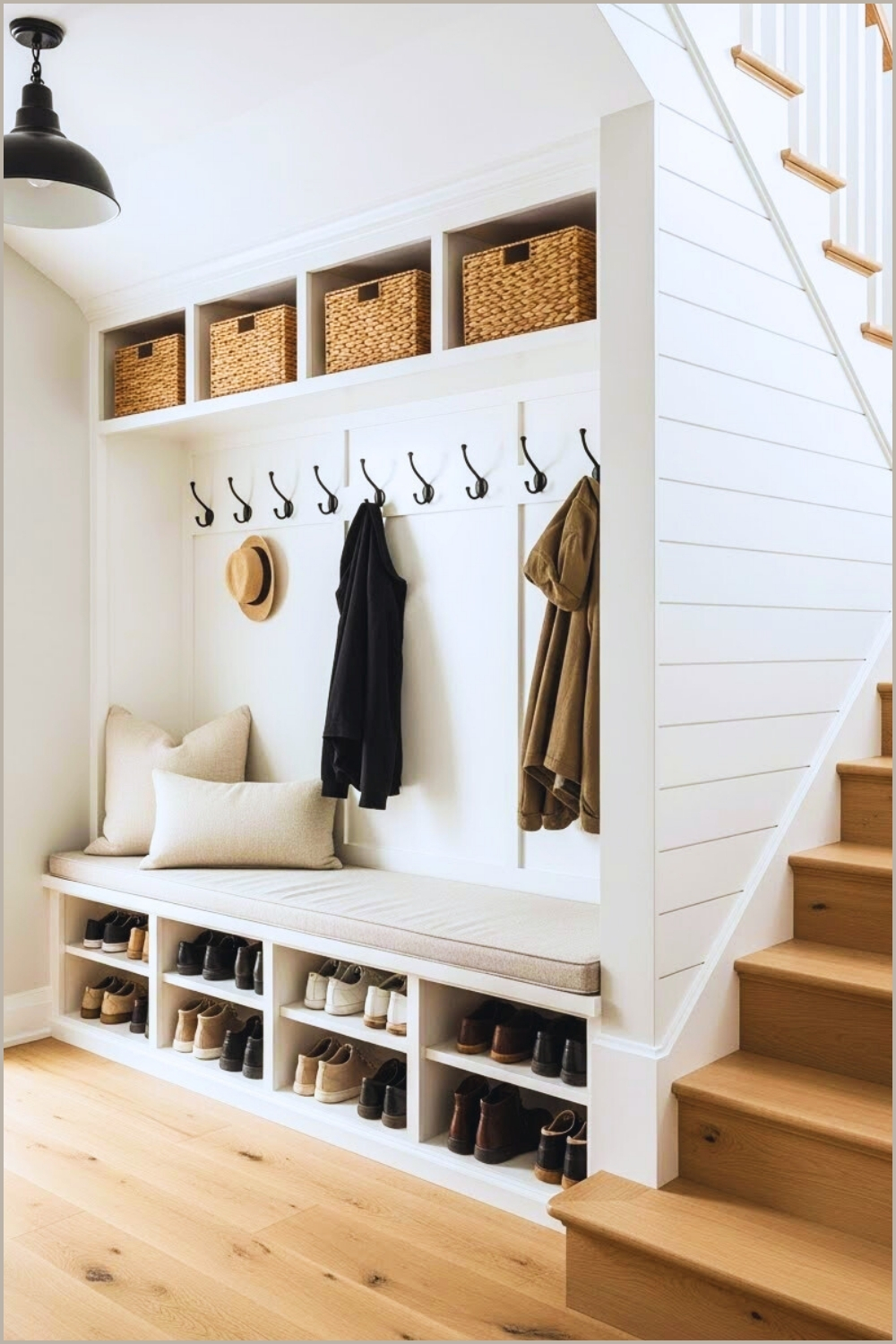 A Cozy Under Stairs Mini Mudroom With A Built In White