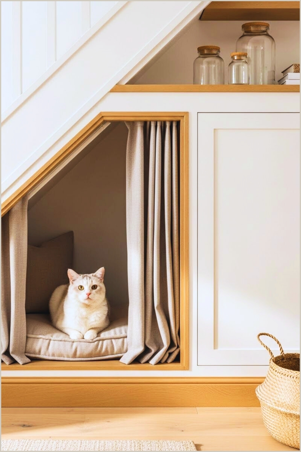 A Cozy Under Stairs Pet Nook Built Into A Staircase Wall