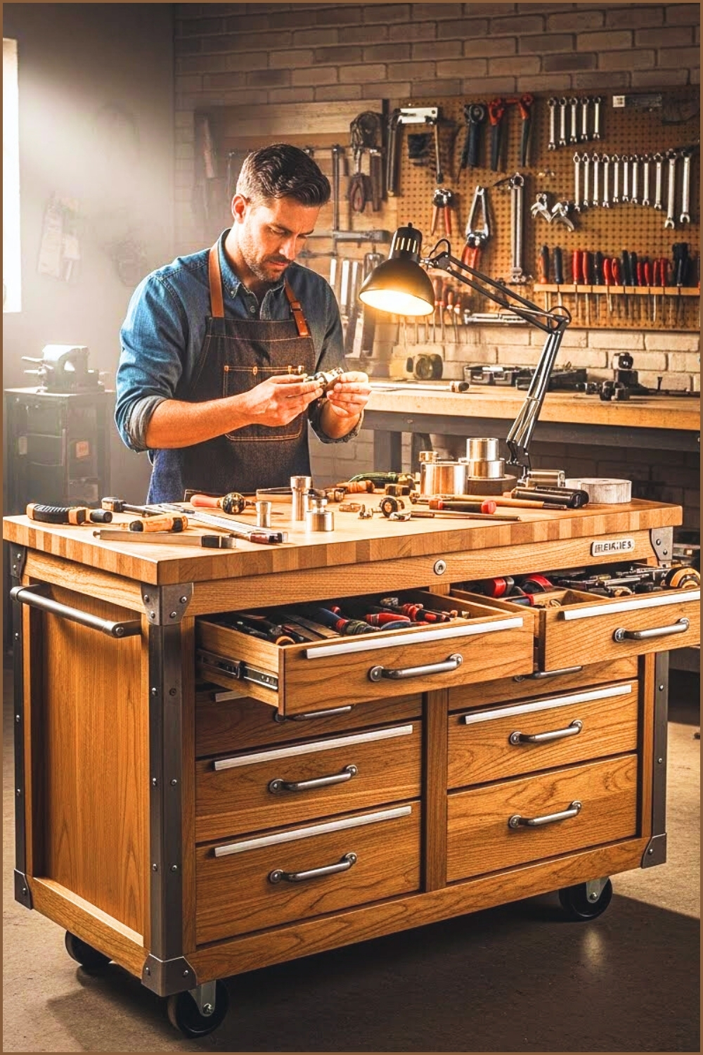 A Craftsman Working At A Large Wooden Rolling Tool Cabinet