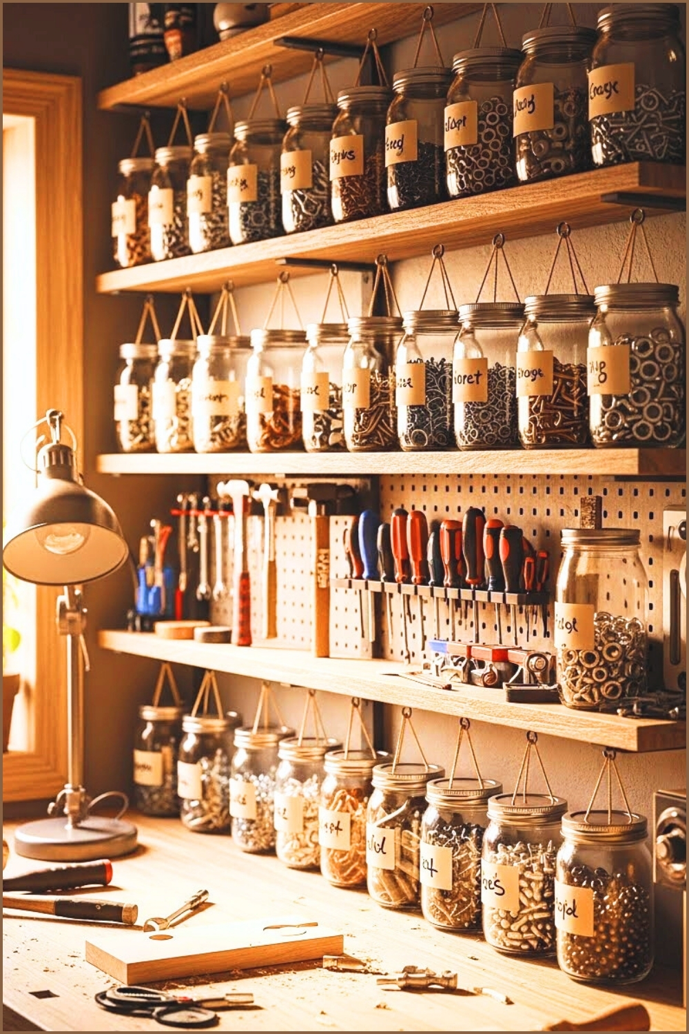 A Creative Garage Storage Wall Featuring Glass Jars