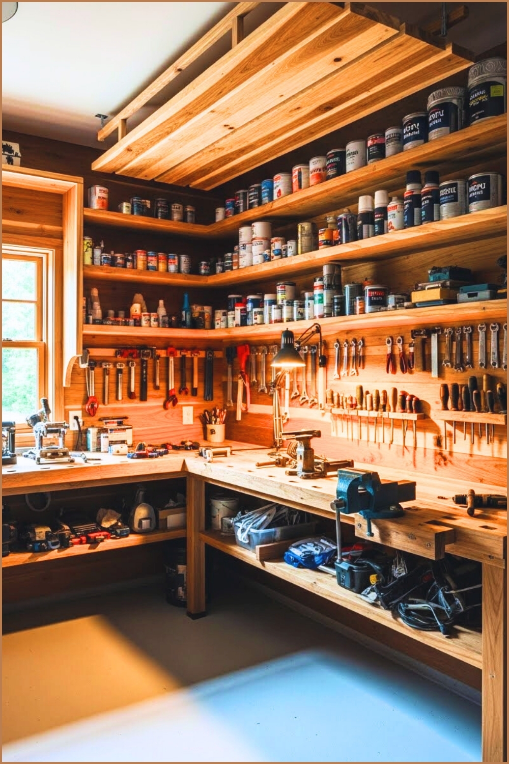 A Custom-built Garage With Wooden Wall Shelves