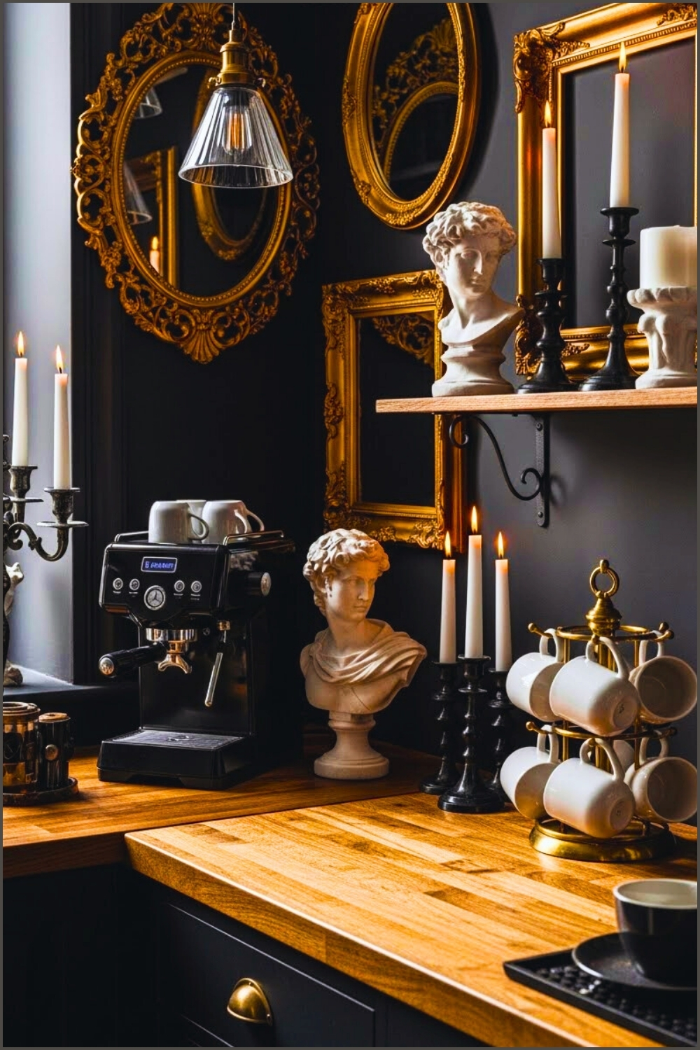 A Dark Gothic Coffee Bar Corner With Moody Vintage Decor
