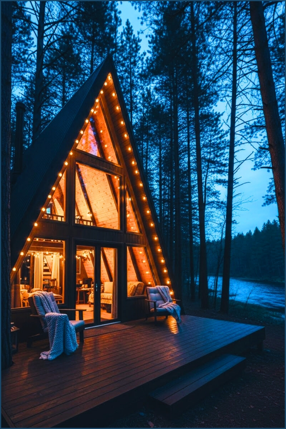 A Frame Cabin With Large Glass Windows Warm Interior