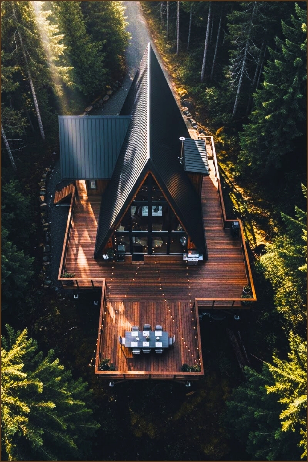 A Frame Modern Cabin With Extended Wooden Deck Spaces