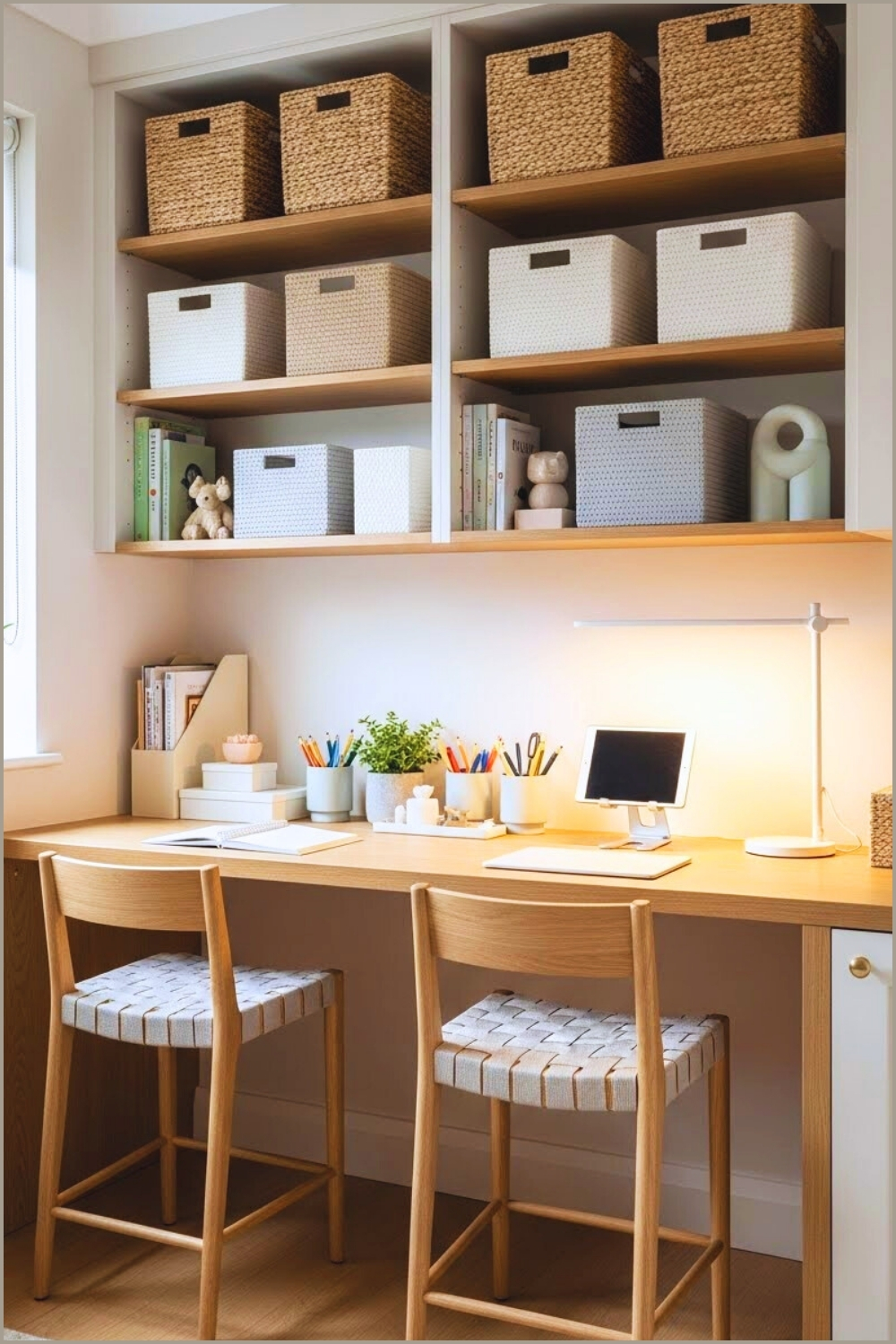 A Functional Kids Study Room With Built In Desk Matching Stools