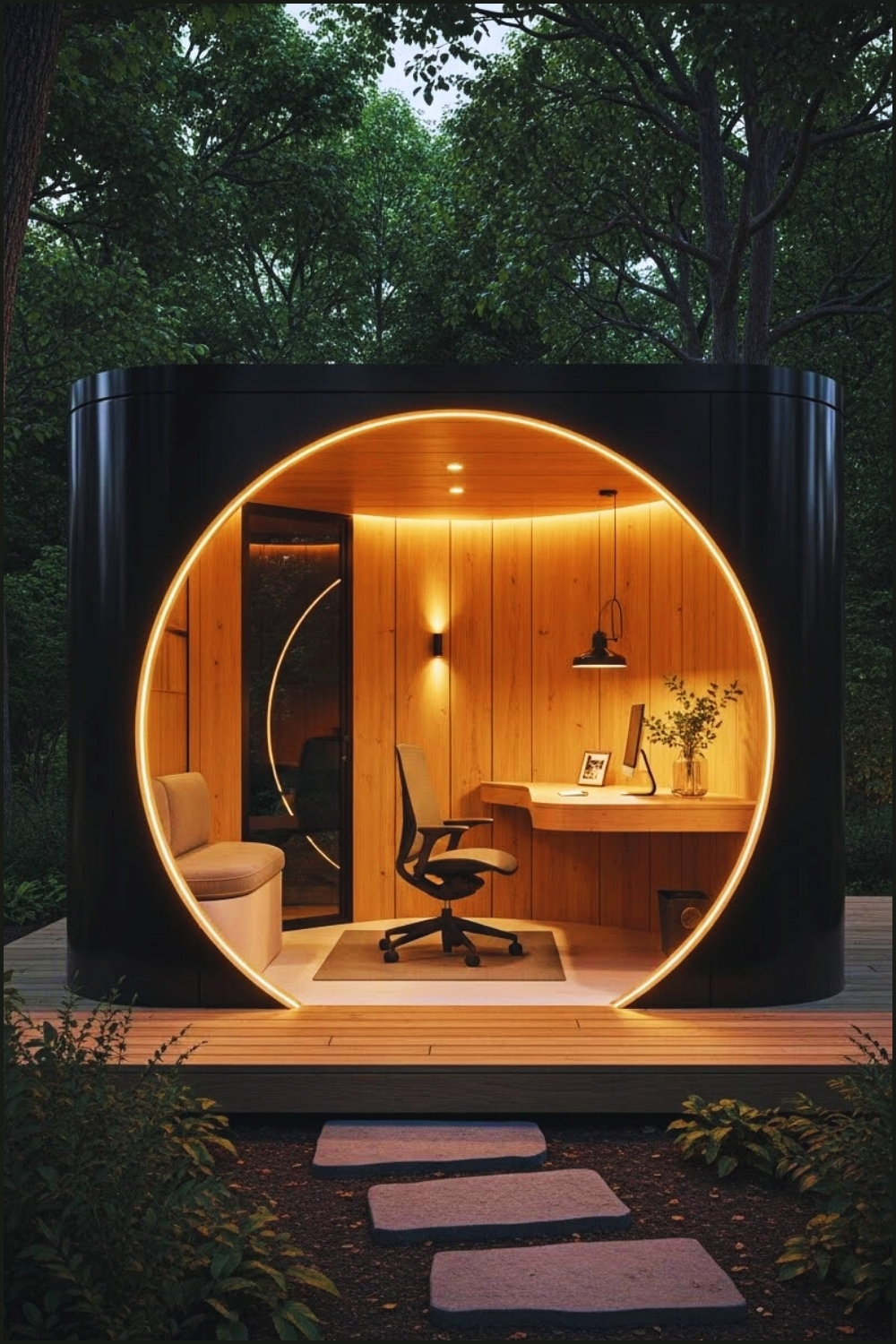 A Futuristic Cylindrical Backyard Office Pod With A Sleek