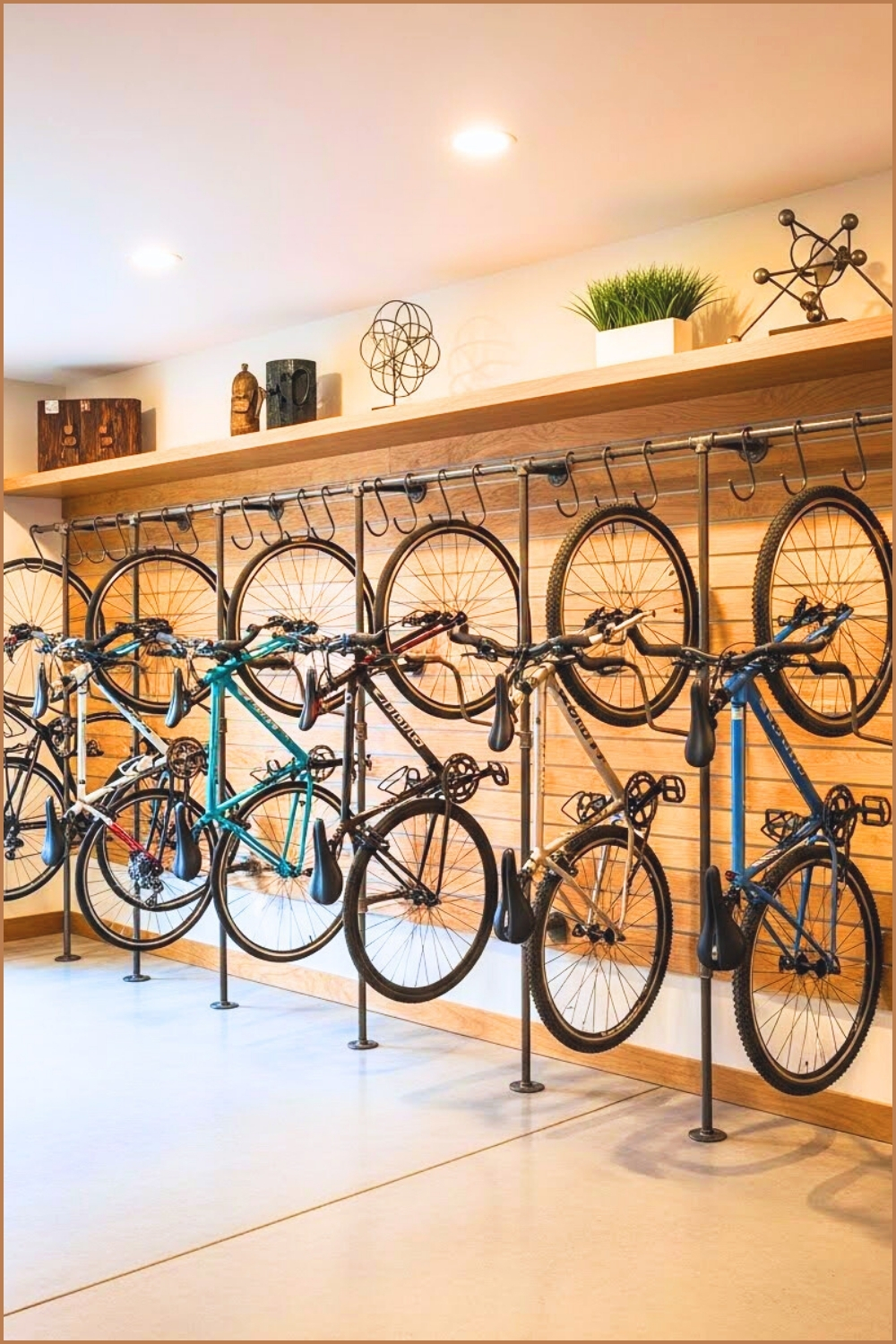 A Garage Wall With Multiple Bicycles Mounted Vertically