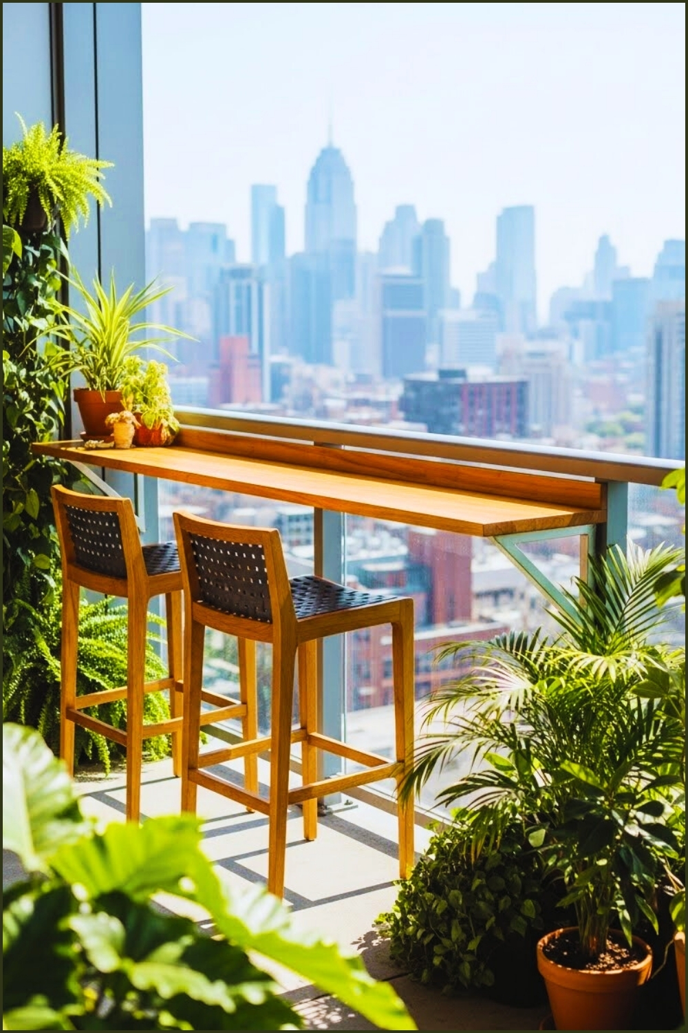 A High-rise Balcony With A Long Wooden Bar Shelf Attached