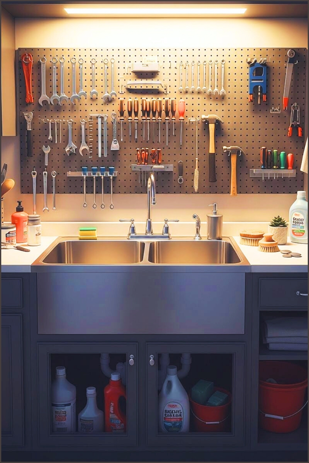 A Highly Organized Garage Utility Sink Area With Wall Mounted Tools