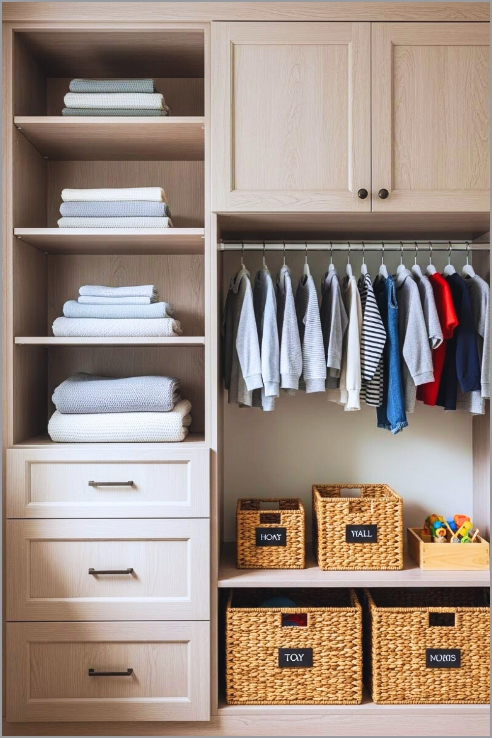 A Kids Bedroom Closet With Open Shelving And Hanging