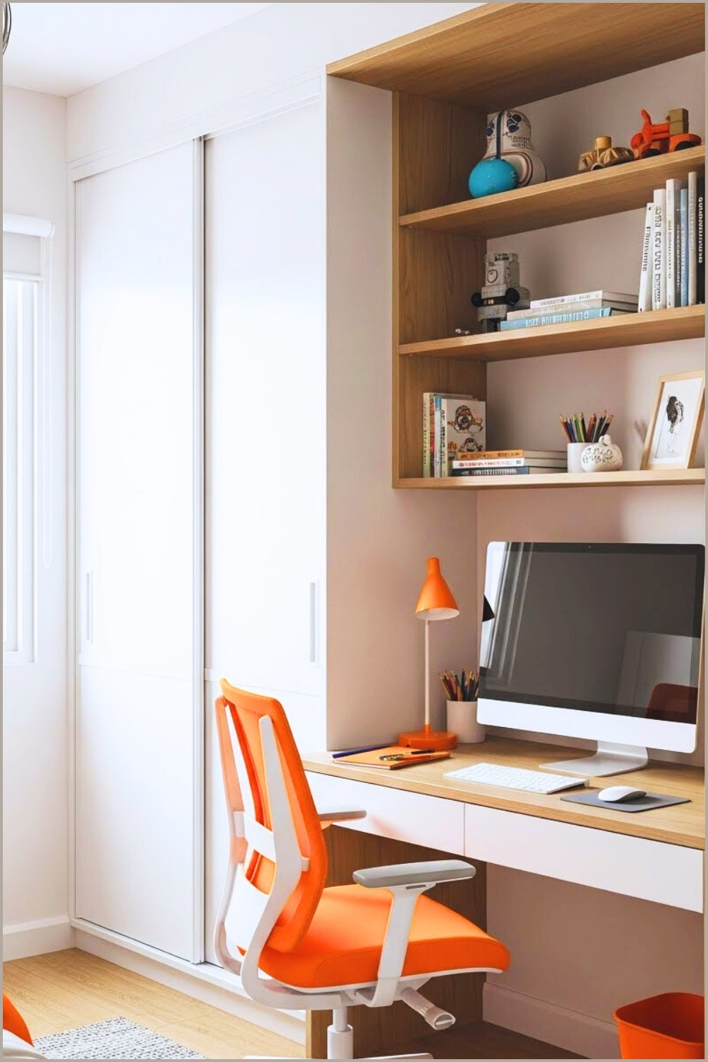 A Kids Bedroom With Built-in Study Desk Sliding White Closet Doors