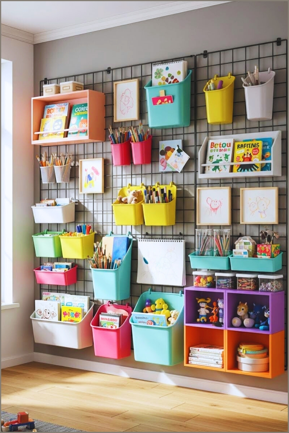 A Kids Room Storage Wall With Black Metal Grid Panels