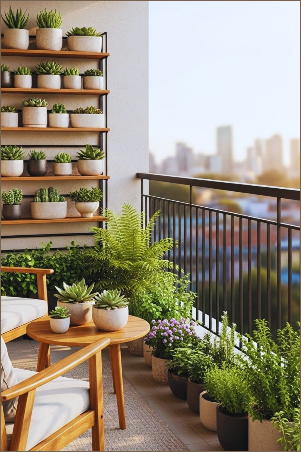 A Lush Modern Balcony Garden With Tiered Wooden Shelves