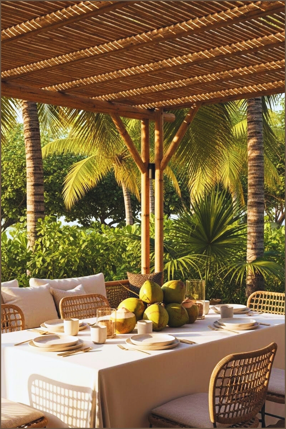A Lush Tropical Outdoor Dining Scene Beneath A Bamboo Pergola