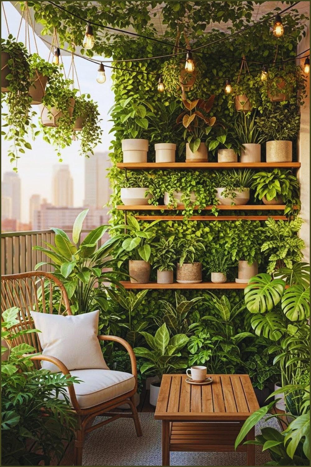 A Lush Urban Jungle Balcony With Tiered Wooden Shelves