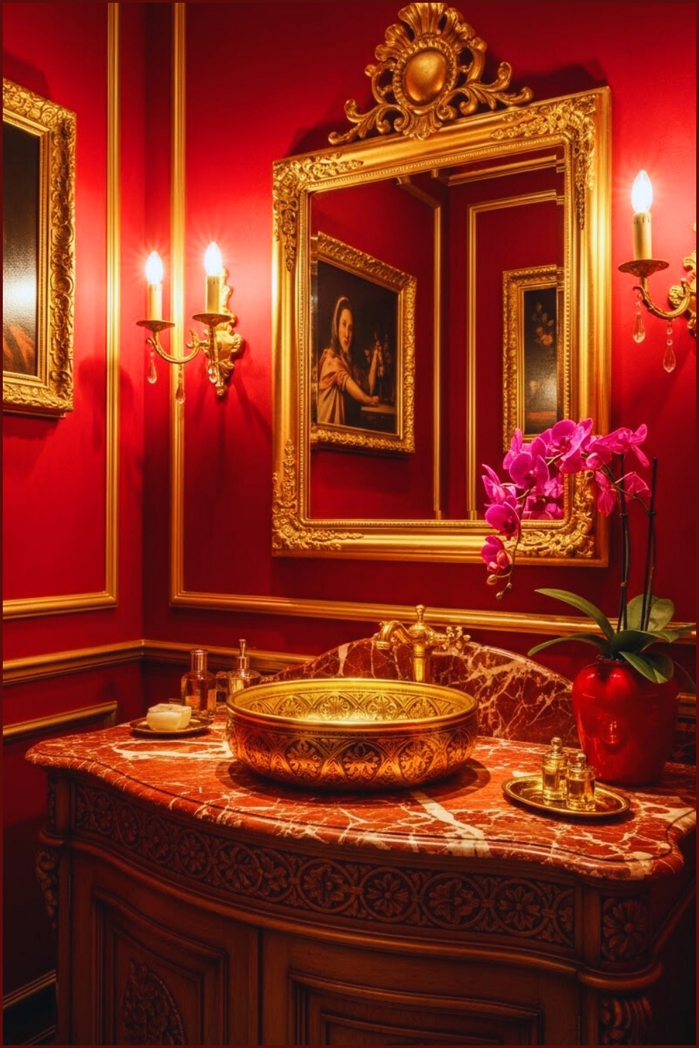 A Luxurious Antique Powder Room With Deep Crimson Red Walls