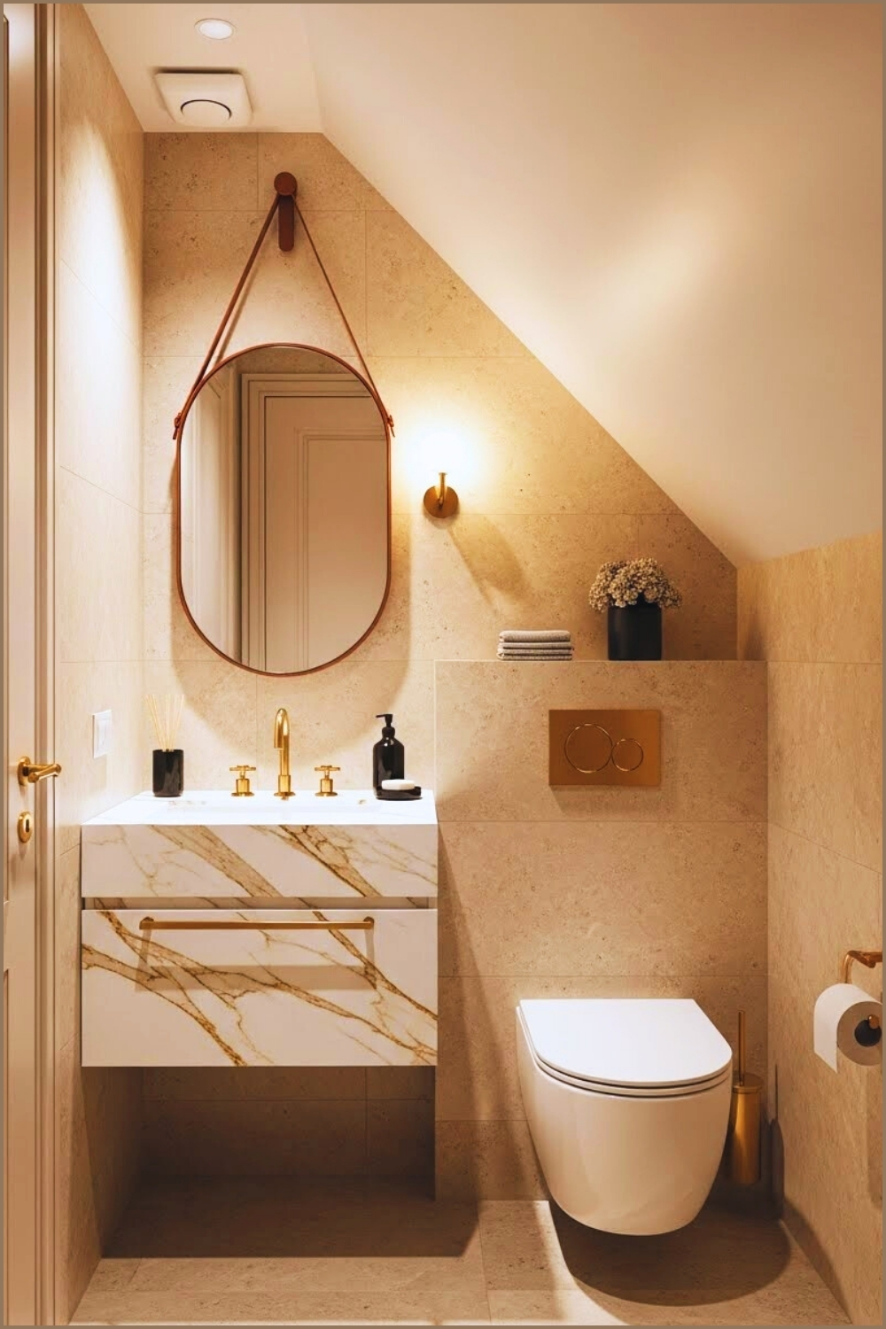 A Luxurious Under Stairs Powder Room With A Compact