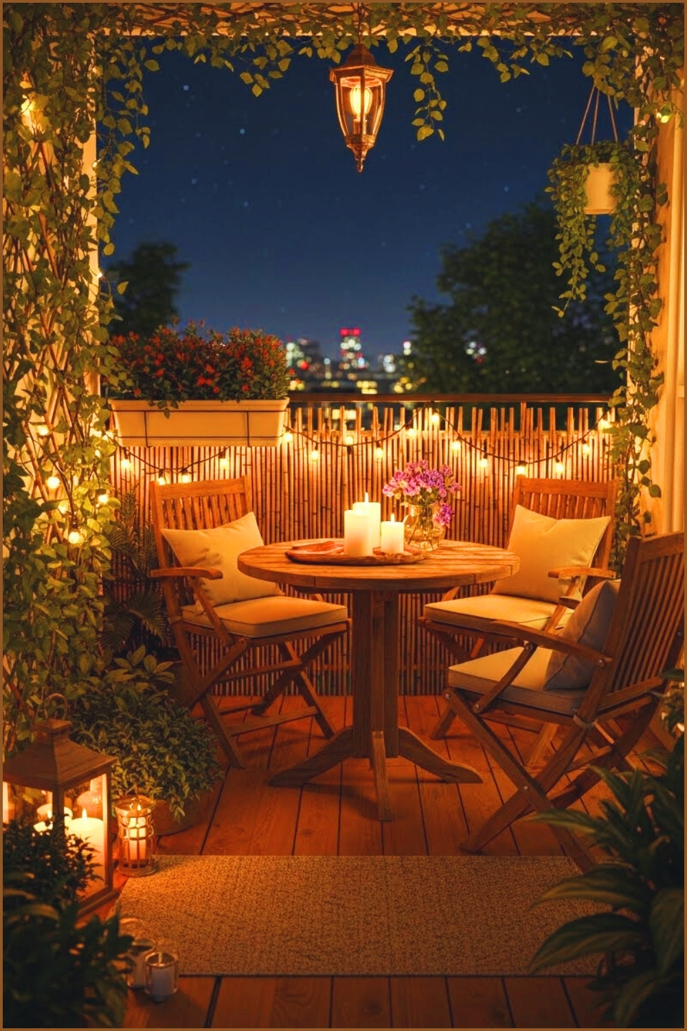 A Magical Cozy Balcony At Night Covered In Vines And Greenery