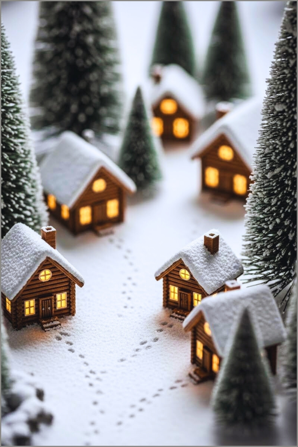 A Miniature Winter Village Scene With Small Wooden Cabins
