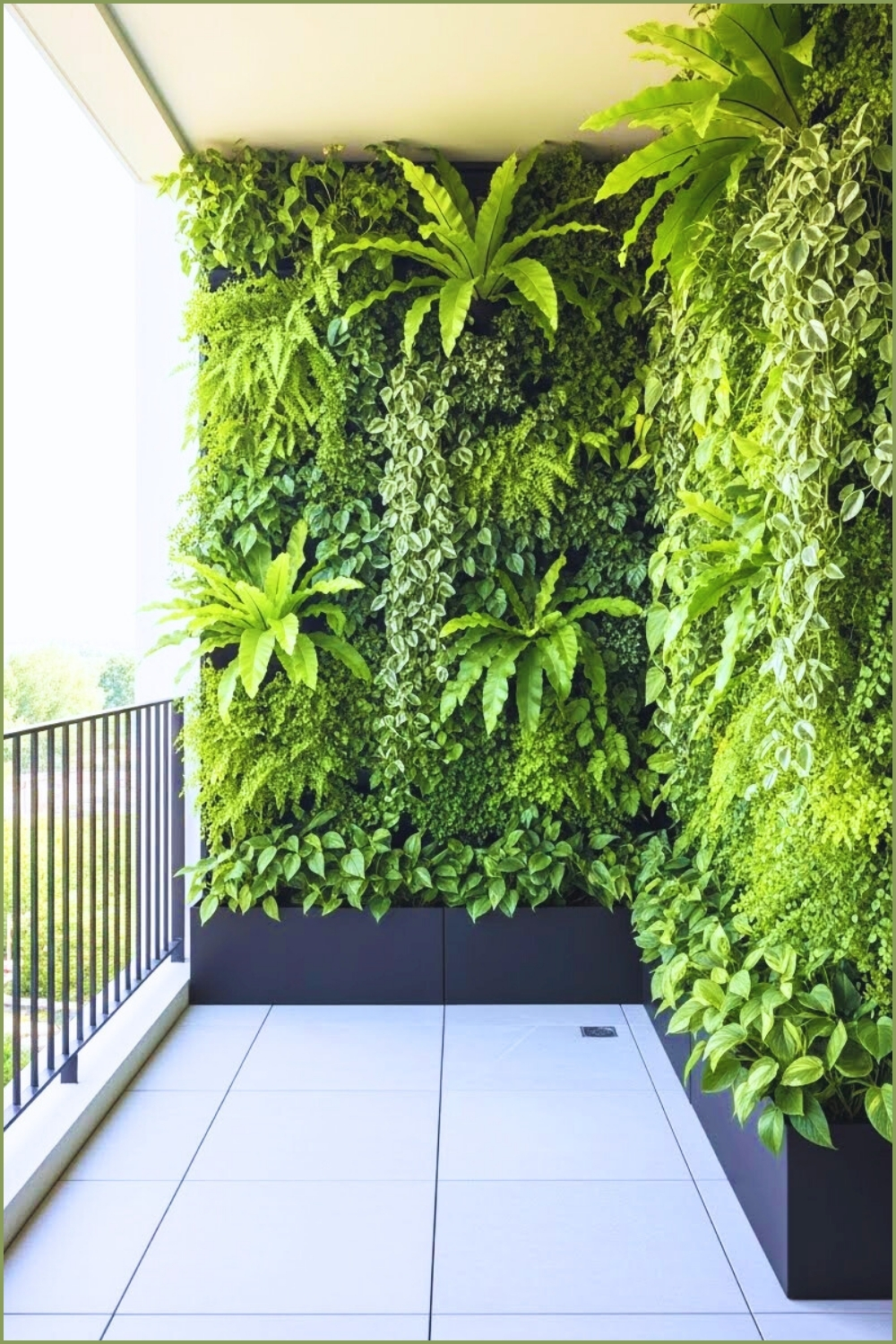 A Modern Balcony With A Lush Vertical Garden Wall