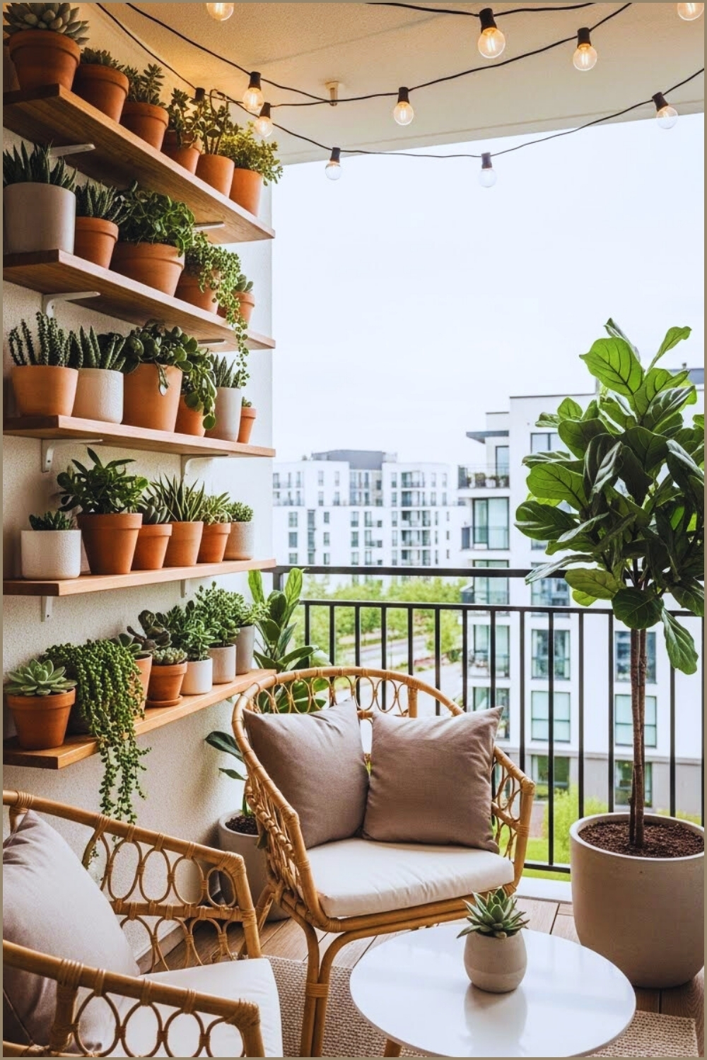 A Modern Balcony With Wooden Floating Shelves