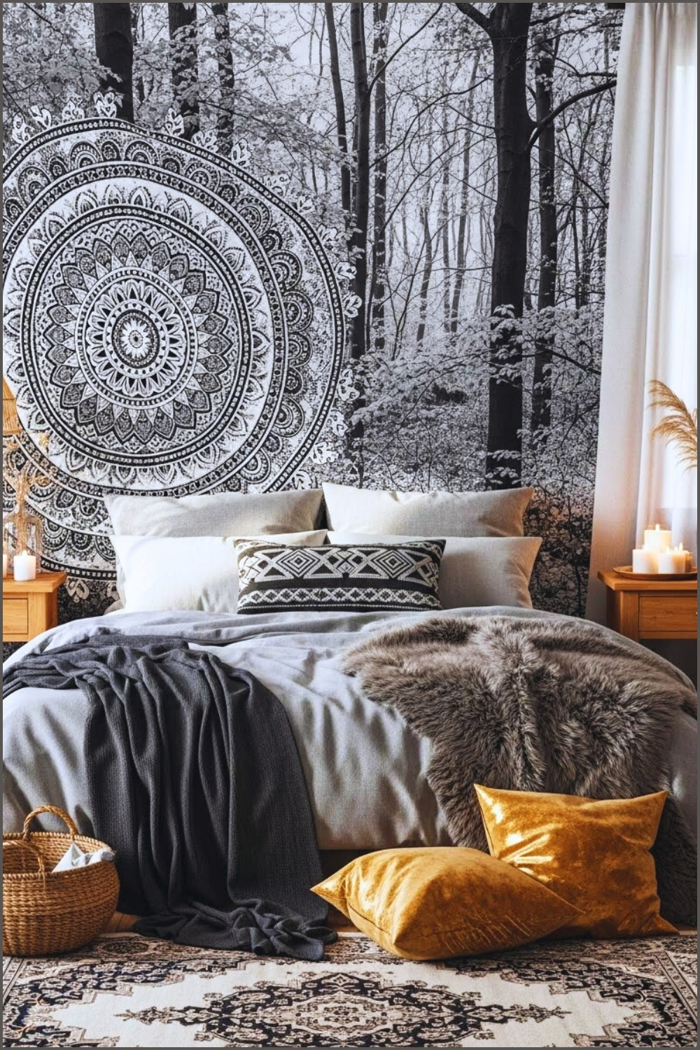 A Modern Boho Bedroom With Monochrome Mandala