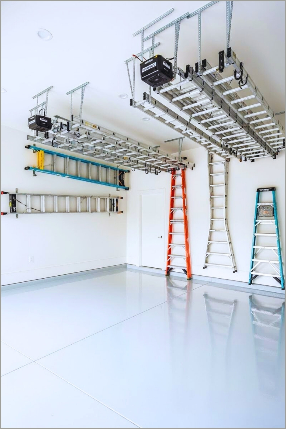 A Modern Garage With Ceiling-mounted Ladder Storage Racks