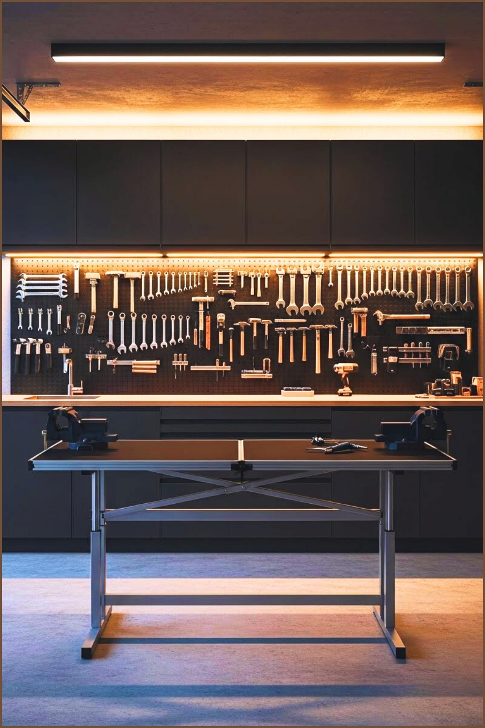 A Modern Garage Workspace Featuring A Foldable Work Table
