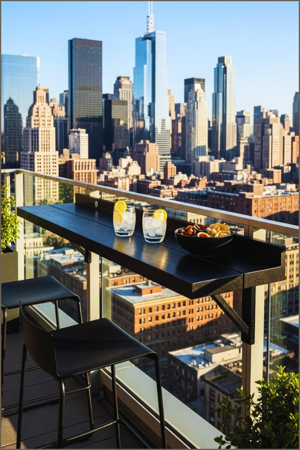 A Modern High Rise Balcony With A Sleek Black Wooden