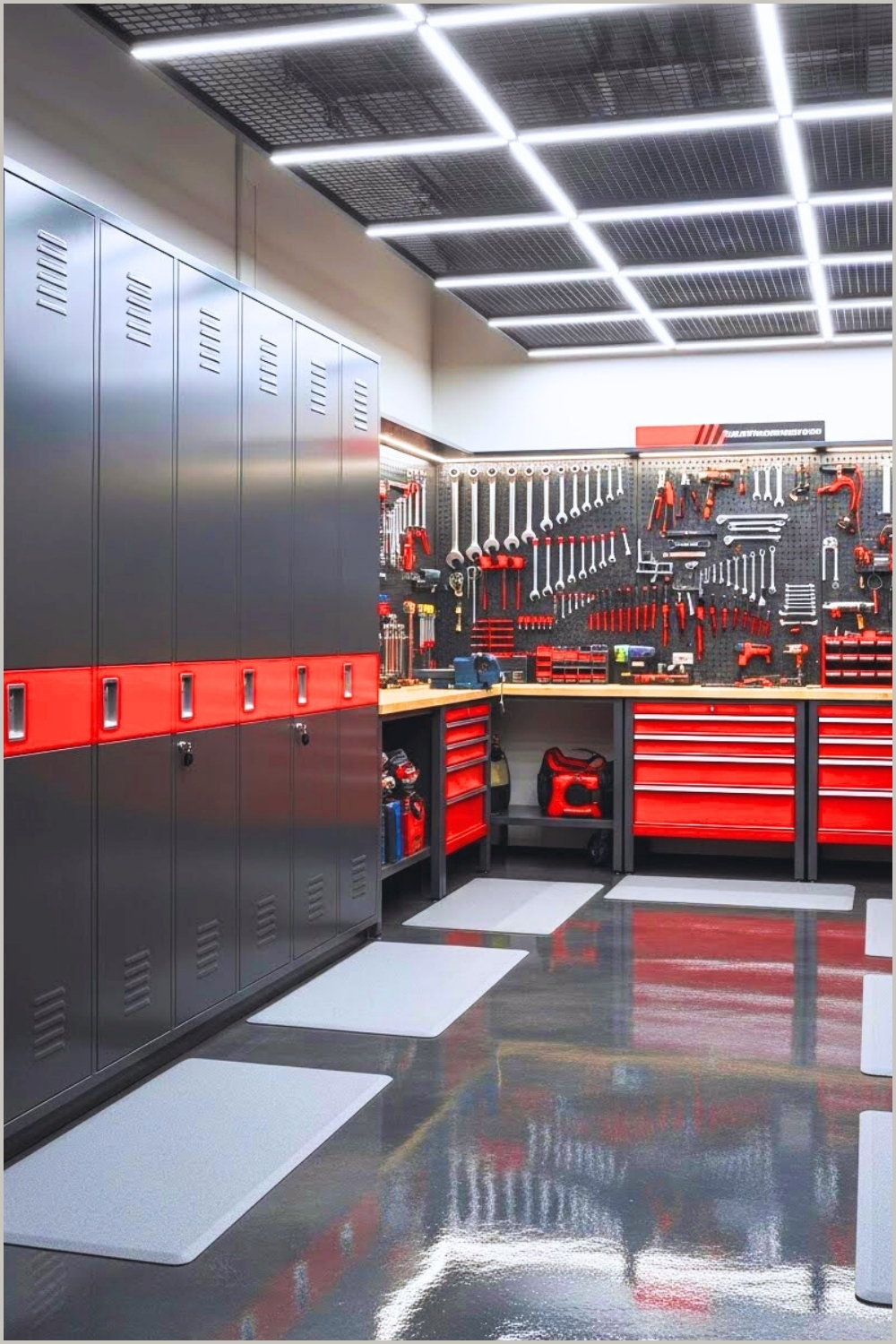 A Modern Industrial Garage Featuring Tall Metal Locker Cabinets