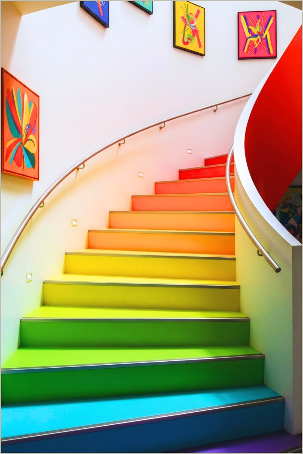 A Modern Staircase Painted In A Smooth Gradient Rainbow