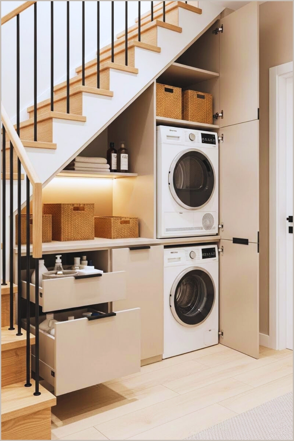A Modern Under Stairs Laundry Station With Built In Cabinetr