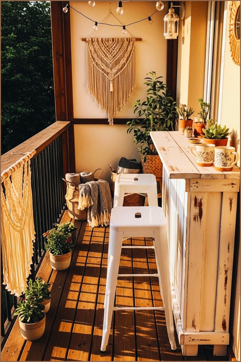 A Narrow Wooden Balcony With A White Rustic Diy Bar Counter