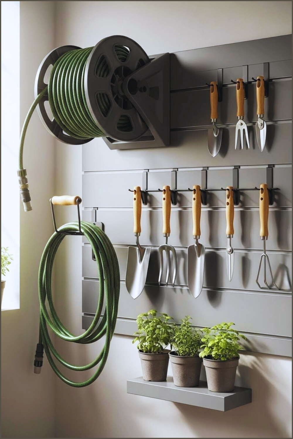 A Neatly Organized Garage Wall Featuring A Wall Mounted