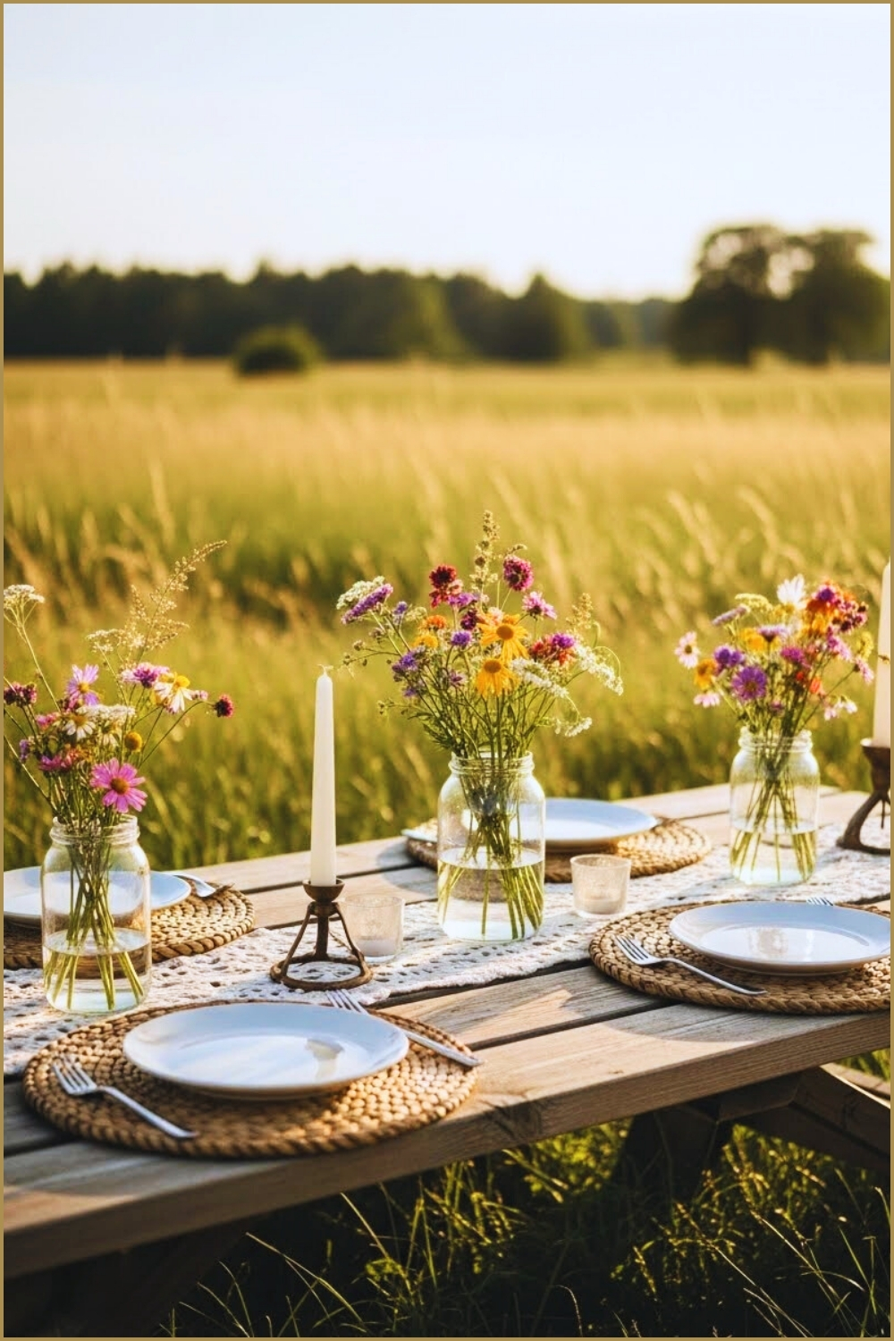 A Peaceful Boho Outdoor Picnic Table Set In An Open Countryside Field