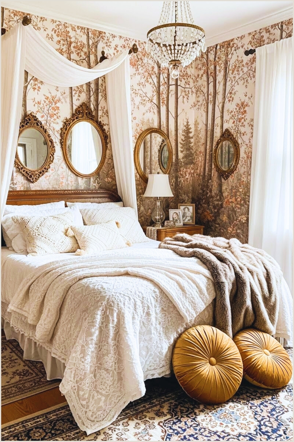 A Romantic Vintage Bohemian Bedroom With Floral Wallpaper
