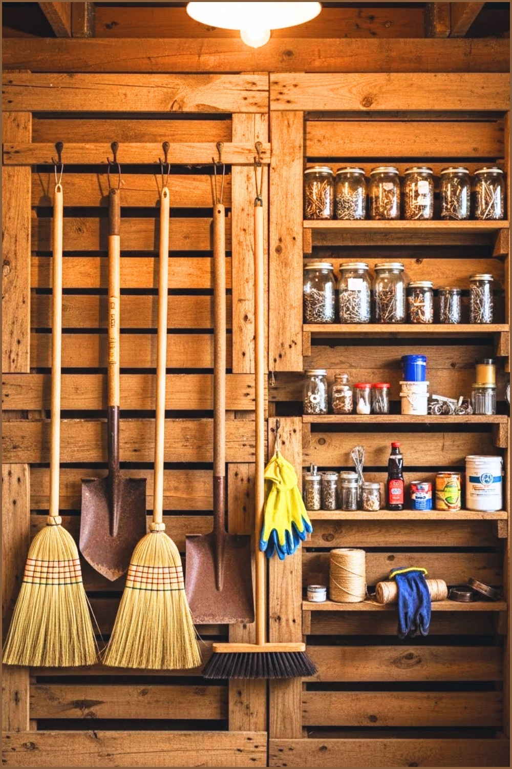 A Rustic Garage Wall Made From Wooden Pallets Used As Tool