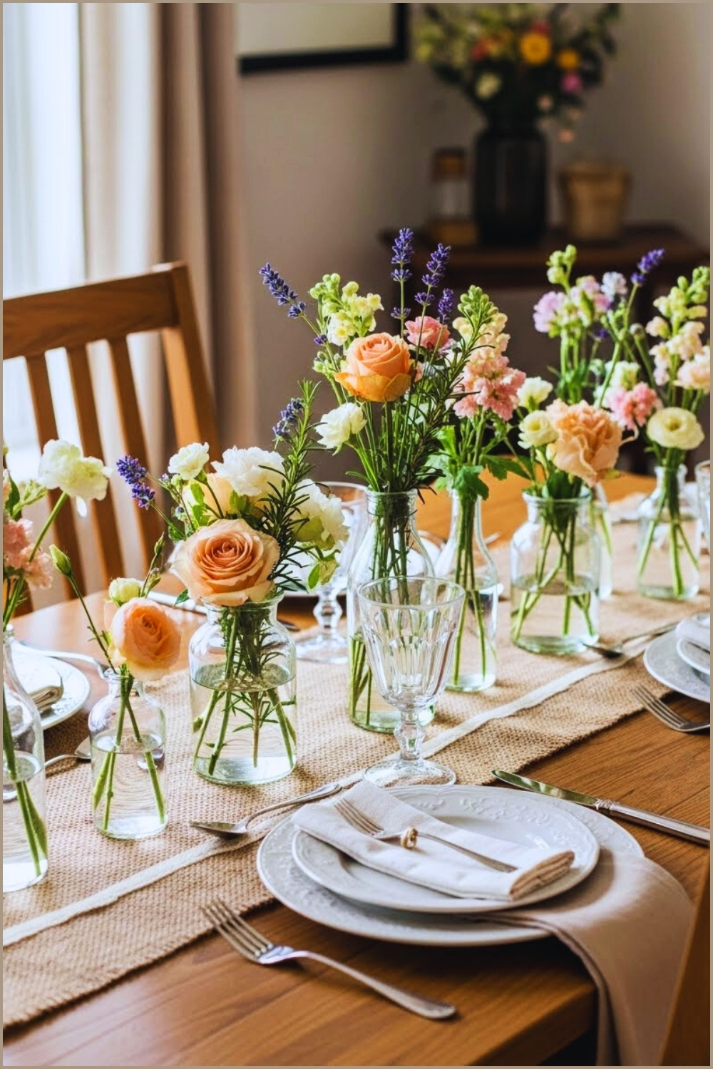A Rustic Spring Dining Table Styled With Small Glass Bottle