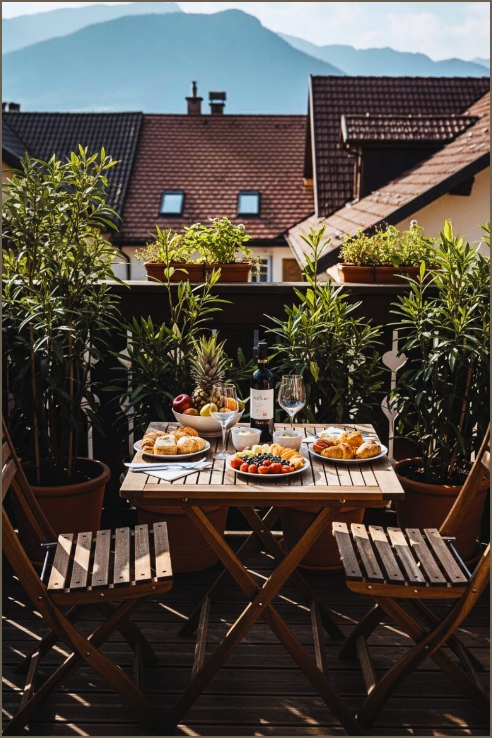 A Rustic Wooden Balcony With Folding Wooden Chairs