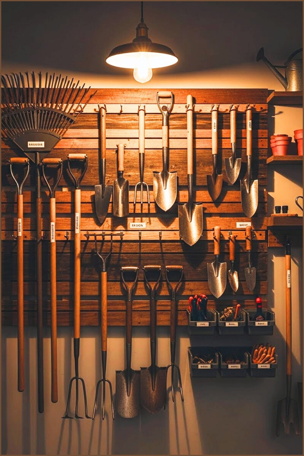 A Rustic Yet Organized Garage Wall With Rakes