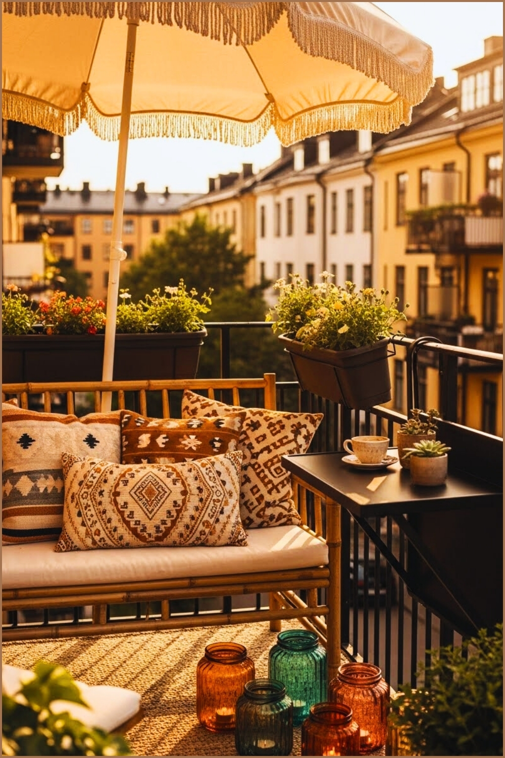 A Scandinavian-style Balcony With A Bamboo Loveseat Filled