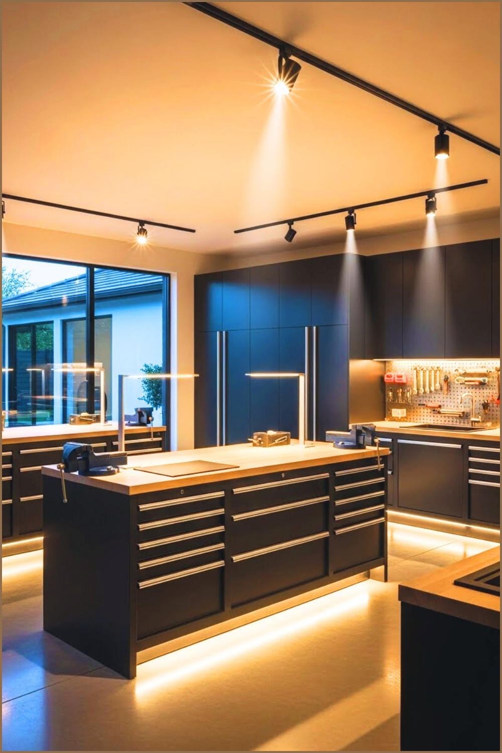 A Sleek Garage Workshop With Adjustable Ceiling Track Lights