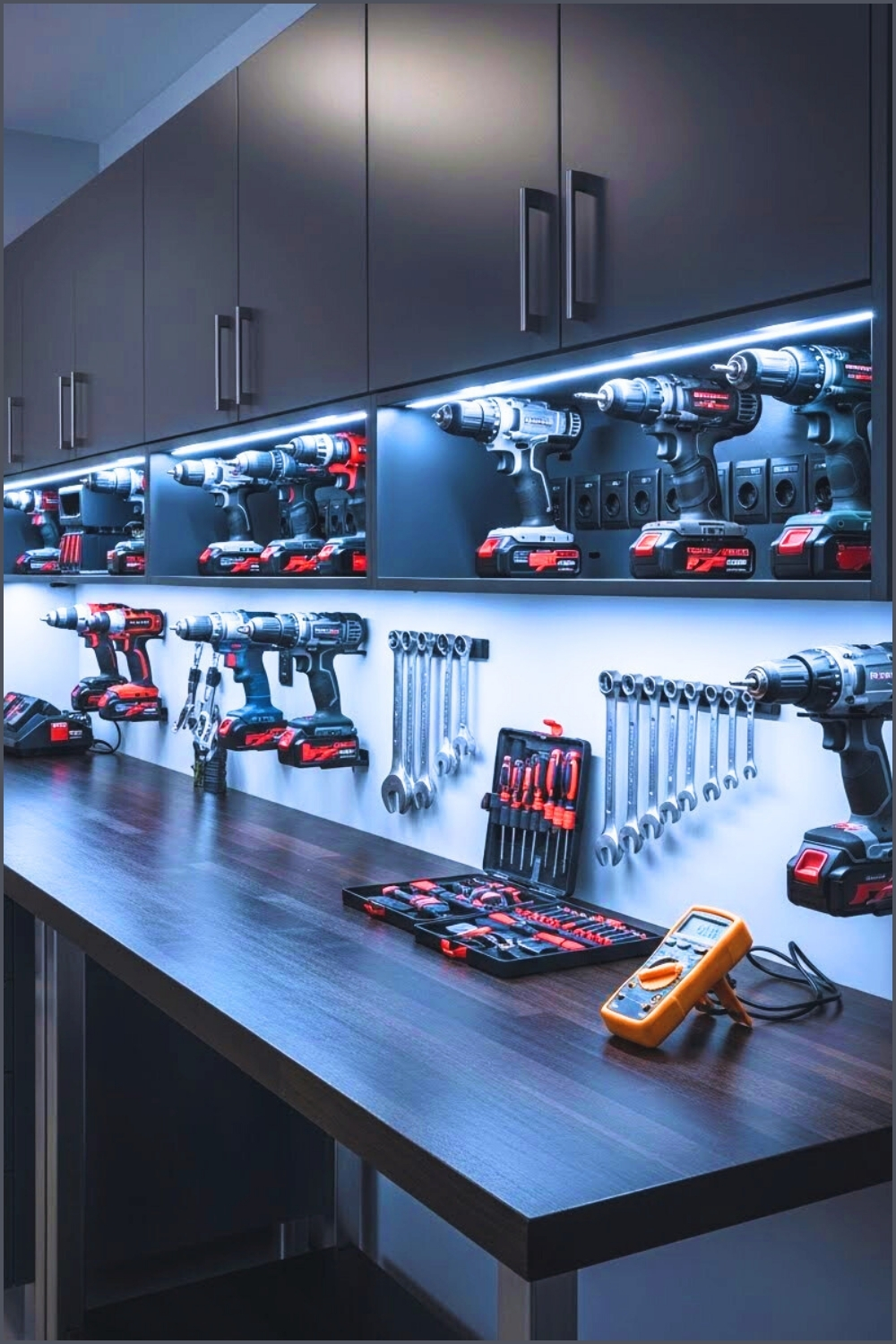 A Sleek Modern Garage Workbench With Wall-mounted Power